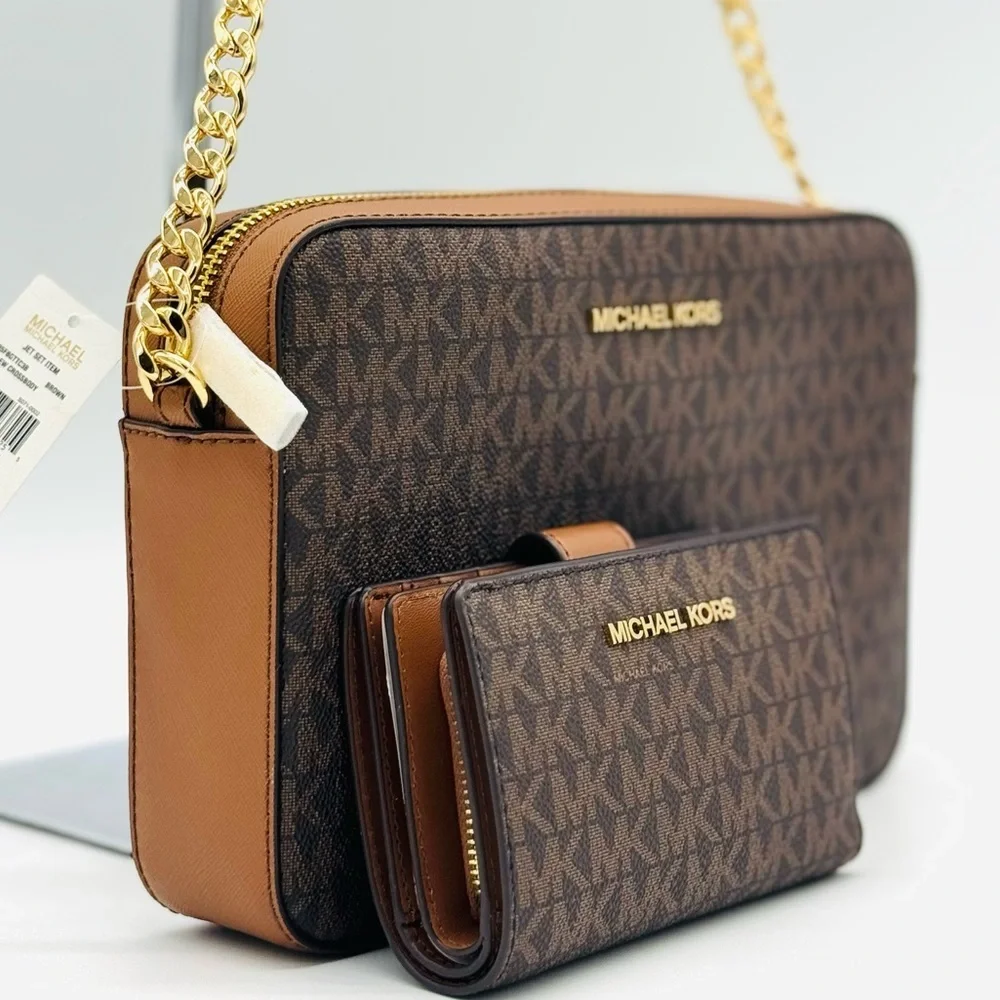 Michael Kors LG EW Crossbody Bag & Zip Chain Bifold Wallet Matching Set Brown